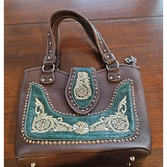 Montana West Buckle Shoulder Tote Purse Concealed Carry Rhinestones Brown Green - Picture 3 of 12